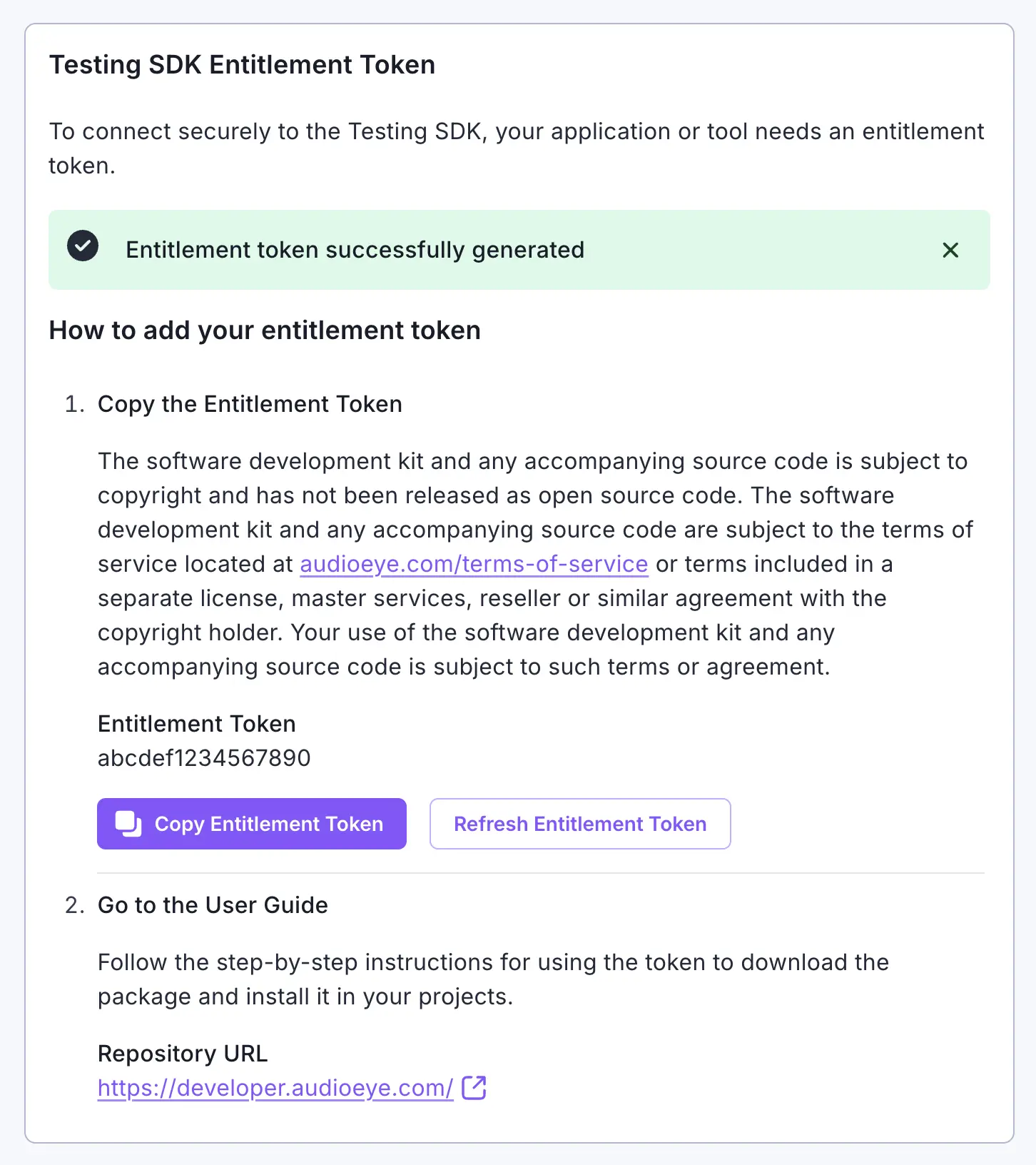 Screenshot of a portion of the My Account page on the AudioEye Customer Portal. The screenshot shows the Testing SDK Entitlement Token card after successfully creating an entitlement token. A successful notification is shown, information about the token is listed, and two buttons are present. The first button has the label "Copy Entitlement Token" and the second is labeled "Refresh Entitlement Token".