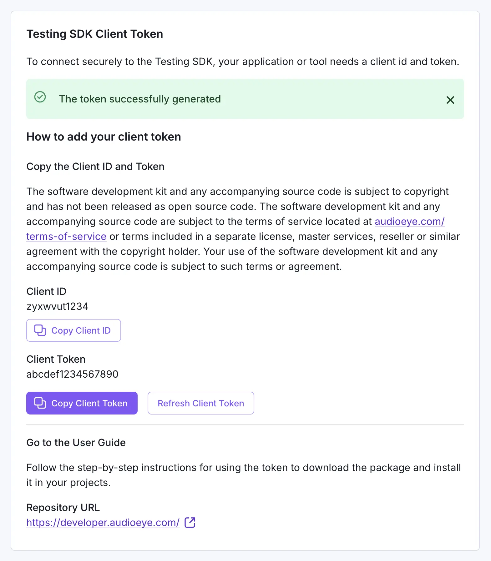 Screenshot of the My Account page on the AudioEye Customer Portal. The screenshot shows the Testing SDK Client Token card and the Generate Client Token button inside the card is highlighted.