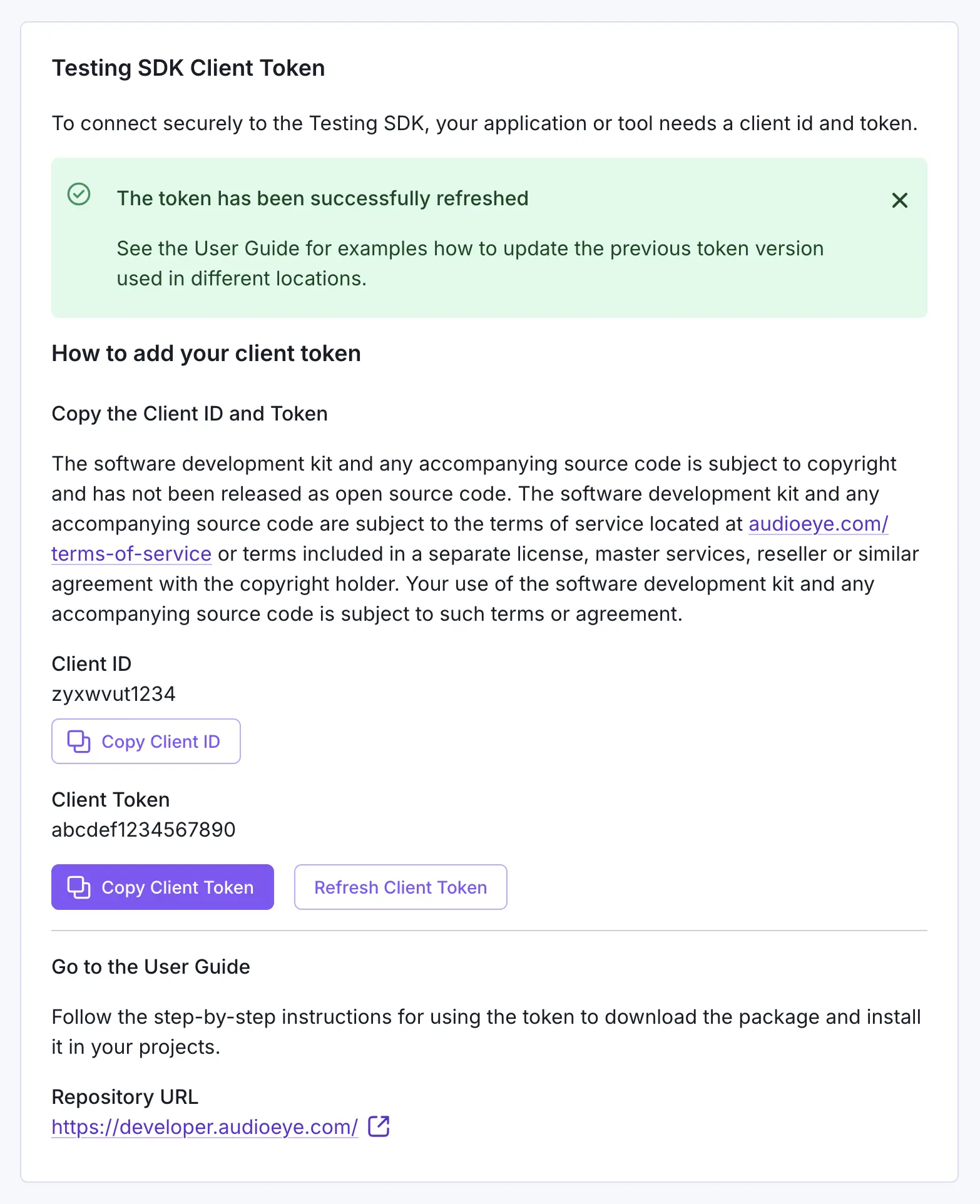 Screenshot of the My Account page on the AudioEye Customer Portal. The screenshot shows the Testing SDK Client Token card after refreshing the token: a success notification is shown, the Client ID is listed, and the card has buttons labeled "Copy Client ID", "Copy Client Token", and "Refresh Client Token".